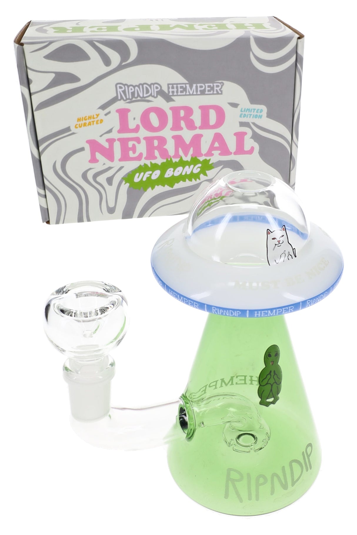 Boxed Lord Nermal UFO bong set with RIPNDIP x Hemper packaging, green cone chamber and clear saucer dome top