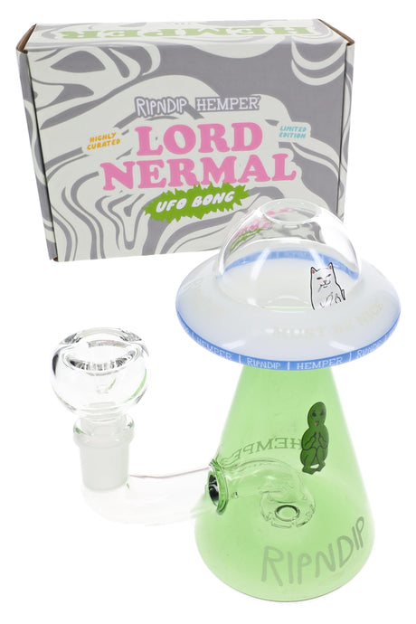 Boxed Lord Nermal UFO bong set with RIPNDIP x Hemper packaging, green cone chamber and clear saucer dome top