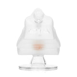 Rear view of frosted skull glass bong showing HEMPER embossing and top mouthpiece opening on a clear pedestal base