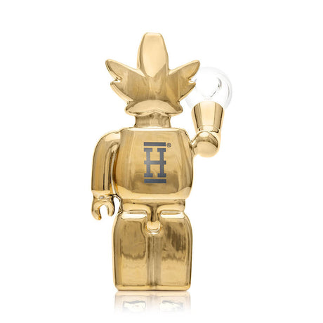 Back view of mirror-gold Weedbrick bong with large “H” logo and clear bowl attached, glossy character glass design