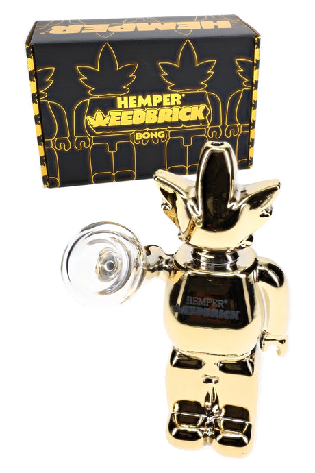 Boxed Hemper Weedbrick mirror-gold glass bong with clear bowl, compact character-style bong for display shelves
