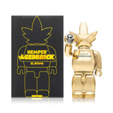 Hemper Weedbrick XL retail box beside mirror-gold bong, display-ready packaging with high-shine character silhouette