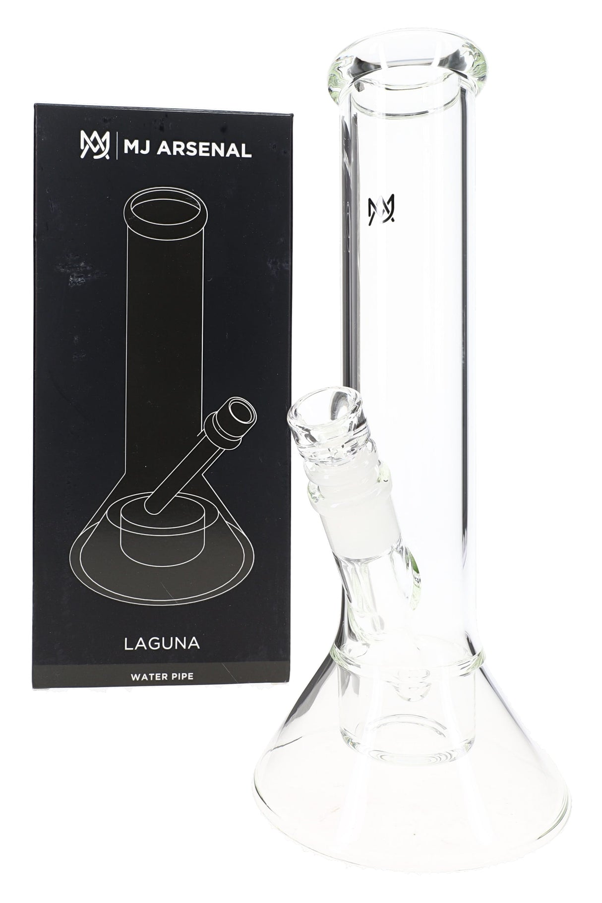 MJ Arsenal Laguna glass bong with retail box, clear 11″ beaker water pipe shown in front packaging view