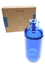 NWTN Home Vesper gravity bong with blue glass body and branded retail box shown in front packaging view