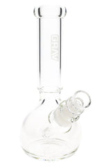 Clear 7″ GRAV round base bong with retail box, removable downstem, and cup bowl shown in packaging view