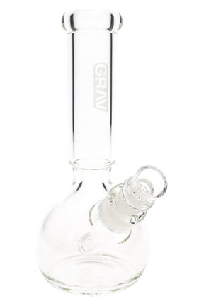 Clear 7″ GRAV round base bong with retail box, removable downstem, and cup bowl shown in packaging view
