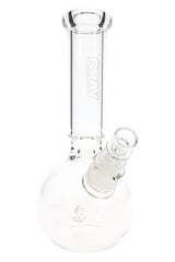 Clear 9.5″ GRAV glass bong with round base, ice pinch, and concave neck shown in angled close-up view