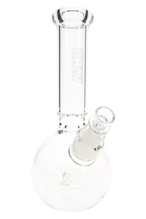Clear 9.5″ GRAV glass bong with round base, ice pinch, and concave neck shown in angled close-up view