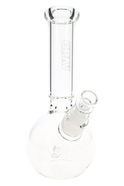 Clear 9.5″ GRAV glass bong with round base, ice pinch, and concave neck shown in angled close-up view
