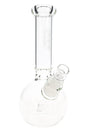 Clear 9.5″ GRAV glass bong with round base, ice pinch, and concave neck shown in angled close-up view