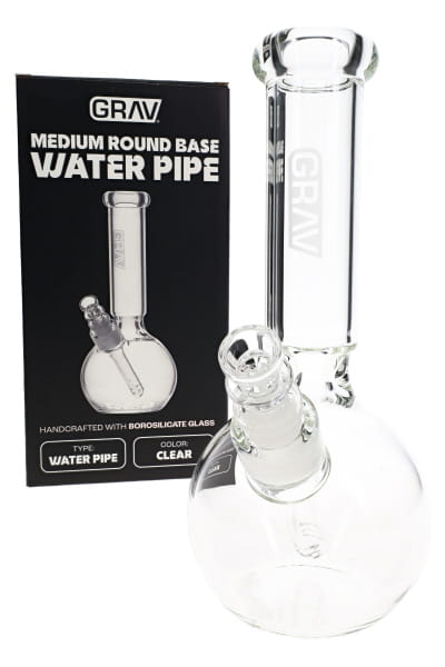 Clear 9.5″ GRAV round base bong with retail box, cup bowl, and removable downstem shown in packaging view