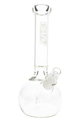 Large clear GRAV glass bong with round base and concave neck grip shown in clean front-facing view