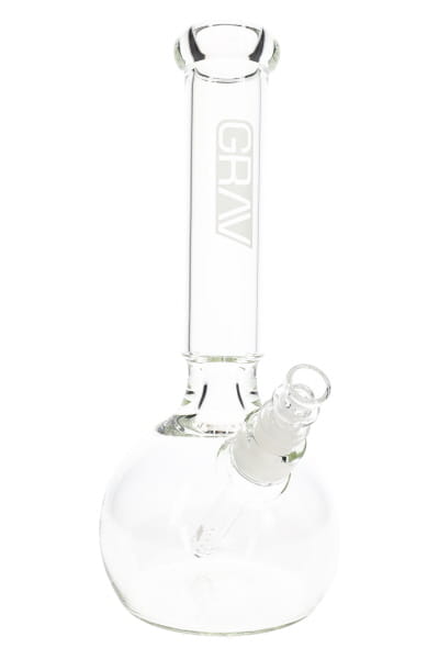 Large clear GRAV glass bong with round base and concave neck grip shown in clean front-facing view