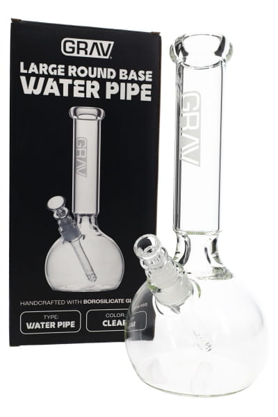Clear 12″ GRAV round base bong with funnel bowl, ice pinch, and removable downstem shown in angled product view