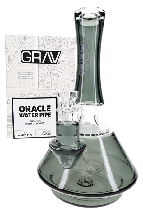 Smoke-tinted 9″ GRAV beaker bong with branded retail box and 14.5 mm bowl shown in angled packaging view
