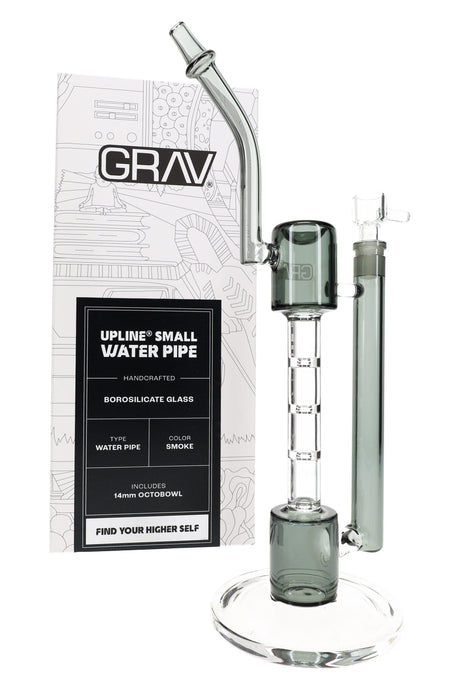 Smoke-tinted 14″ GRAV recycler bong with retail box and Octobowl shown in angled packaging view
