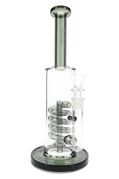 Smoke glass GRAV coil showerhead bong with long coil chamber and 14 mm funnel bowl shown in front view