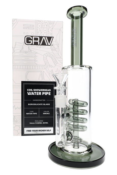 Smoke-tinted 12.25″ GRAV coil showerhead bong with branded retail box shown in angled packaging view