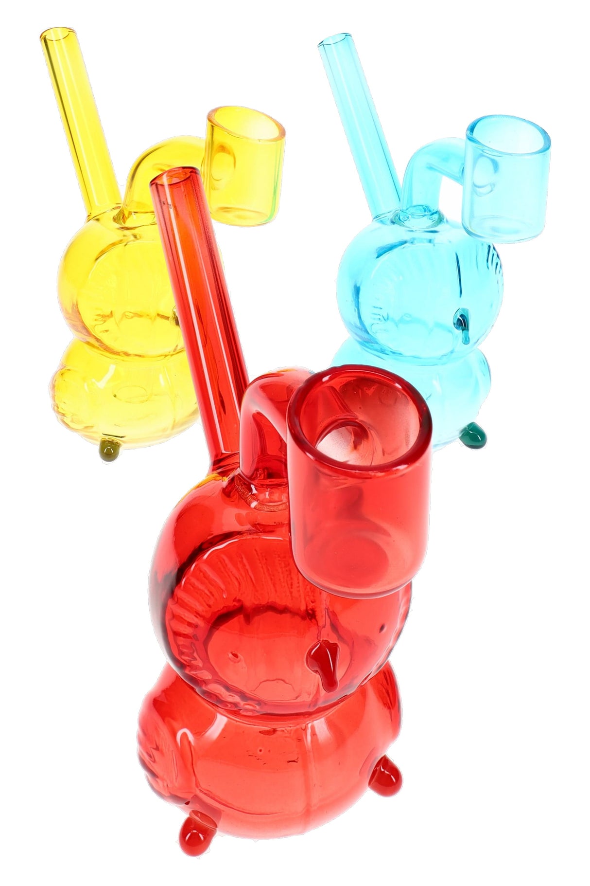 Assorted glass owl dab rigs in colorful translucent finishes, compact 4.5-inch novelty concentrate pieces sold individually