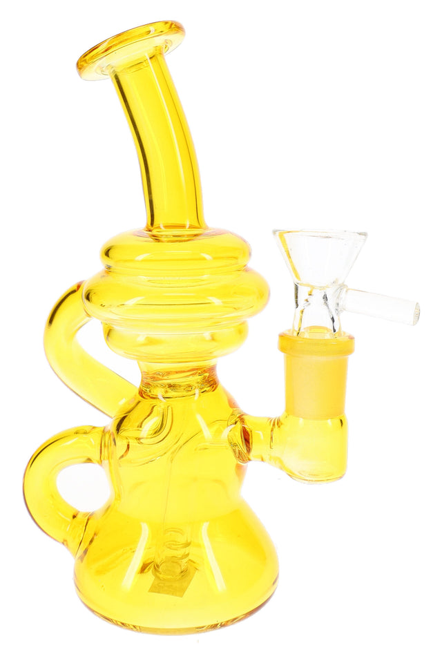 Yellow stemless glass recycler bong with 14.5 mm male bowl and compact 6.5-inch glass-on-glass design