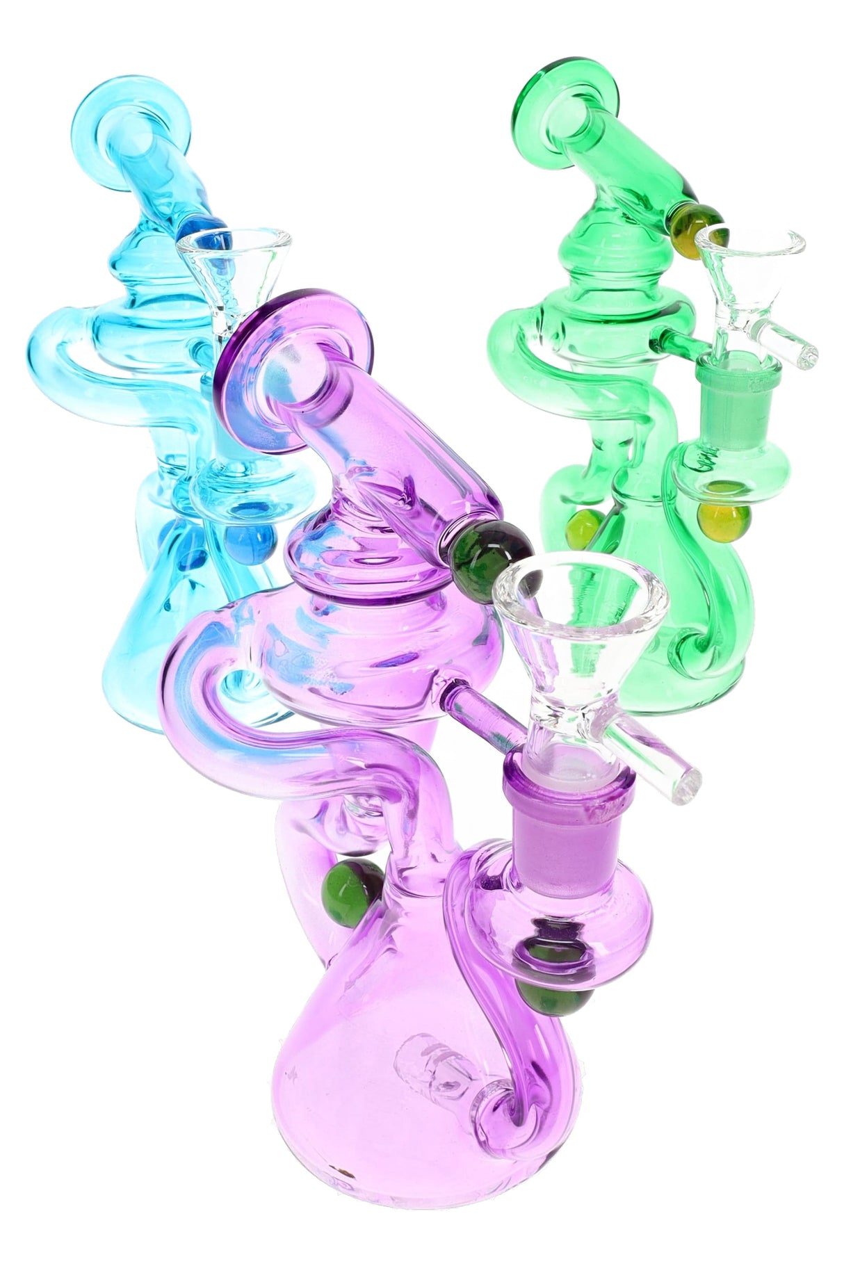 Assorted 6-inch stemless glass recycler bongs in green, blue, and amber finishes, group display of compact pieces sold individually