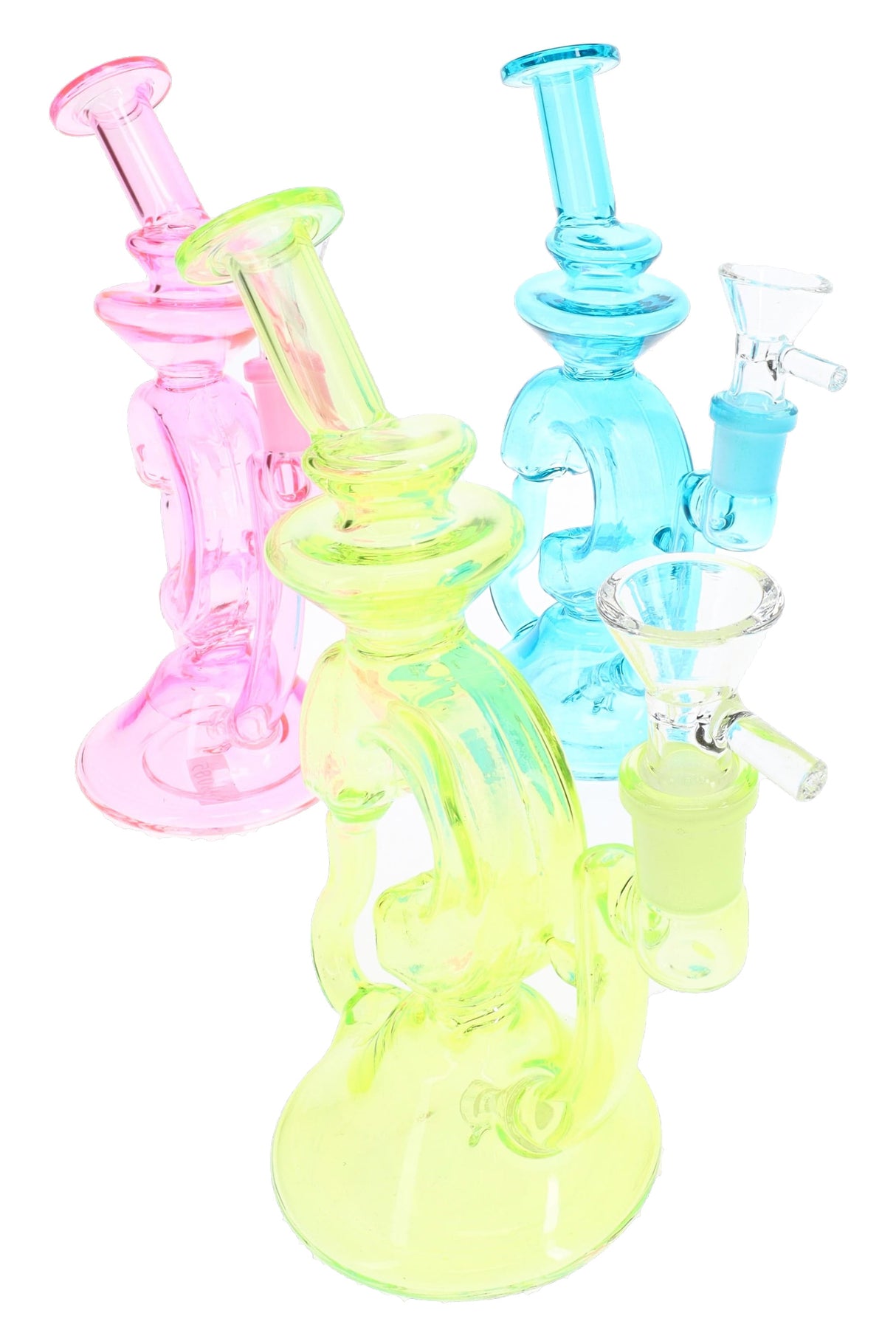 Assorted 7-inch stemless glass recycler bongs in pink, blue, and neon green finishes, compact pieces sold individually
