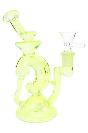 Neon green 7-inch stemless glass recycler bong with 14.5 mm male bowl and funky curved glass-on-glass design
