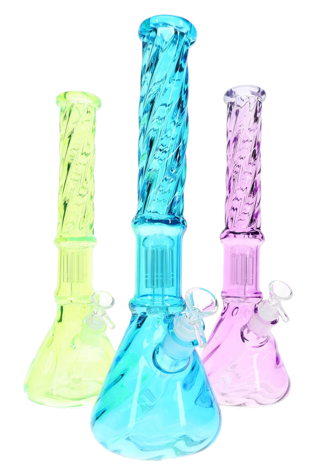 Assorted 15-inch twisted glass beaker bongs in blue, pink, and green with tree perc, tall dry herb pieces sold individually
