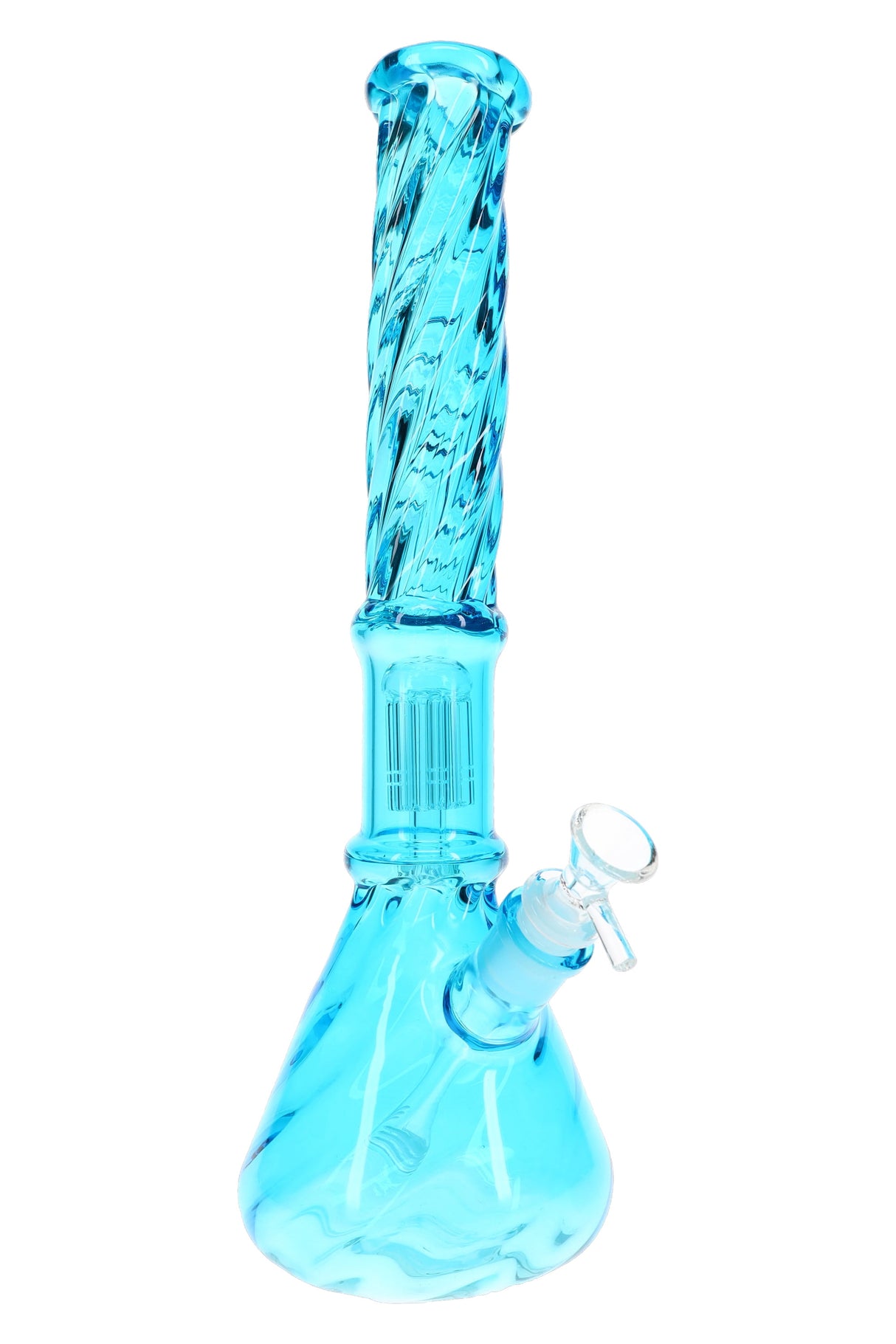 Blue 15-inch twisted glass beaker bong with six-arm tree perc, clear base, and male bowl for dry herb use