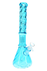 Blue 15-inch twisted glass beaker bong with six-arm tree perc, clear base, and male bowl for dry herb use