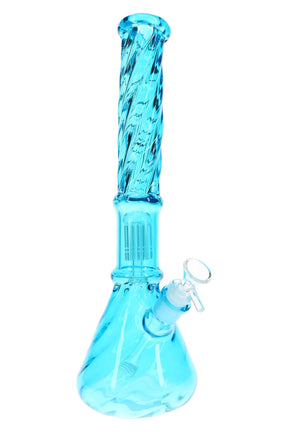 Blue 15-inch twisted glass beaker bong with six-arm tree perc, clear base, and male bowl for dry herb use