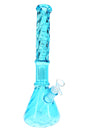 Blue 15-inch twisted glass beaker bong with six-arm tree perc, clear base, and male bowl for dry herb use