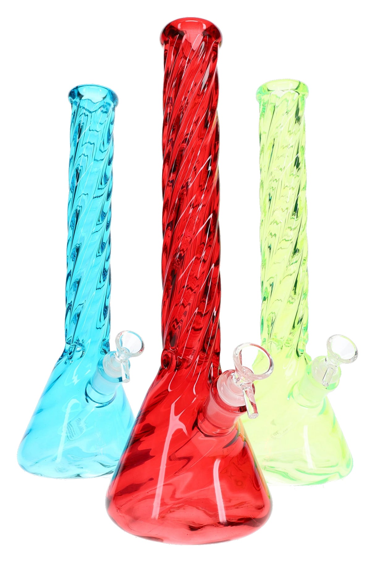 Assorted 14.5-inch twisted glass beaker bongs in blue, red, and green with ice pinch, sold individually