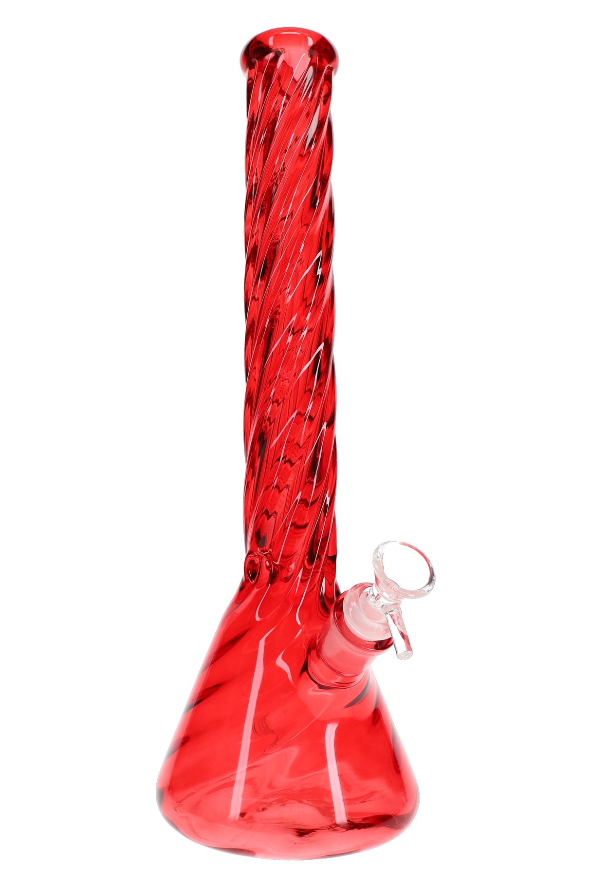 Red 14.5-inch twisted glass beaker bong with ice pinch, clear bowl, and spiral neck detail for dry herb use