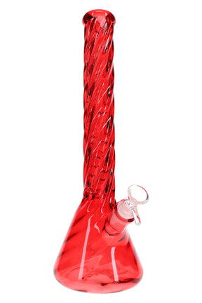 Red 14.5-inch twisted glass beaker bong with ice pinch, clear bowl, and spiral neck detail for dry herb use