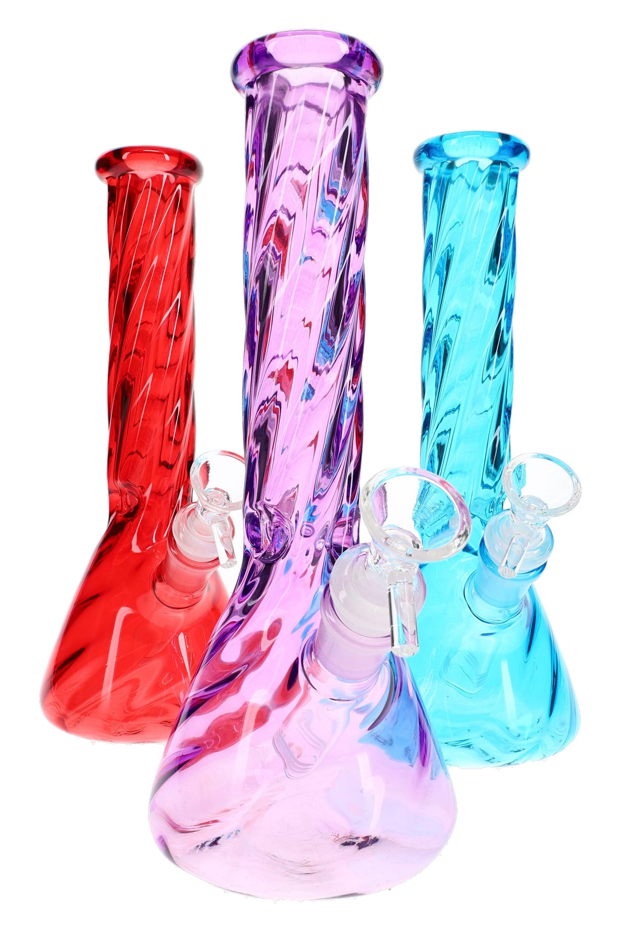 Assorted 10-inch twisted glass beaker bongs in red, pink, and blue with ice pinch, sold individually