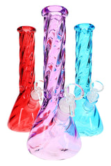 Assorted 10-inch twisted glass beaker bongs in red, pink, and blue with ice pinch, sold individually