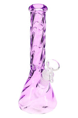 Purple 10-inch twisted glass beaker bong with clear male bowl, spiral neck detail, and compact dry herb design