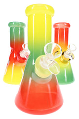 Rasta design 8-inch glass beaker bong with ice pinch and compact beaker base, front display angle