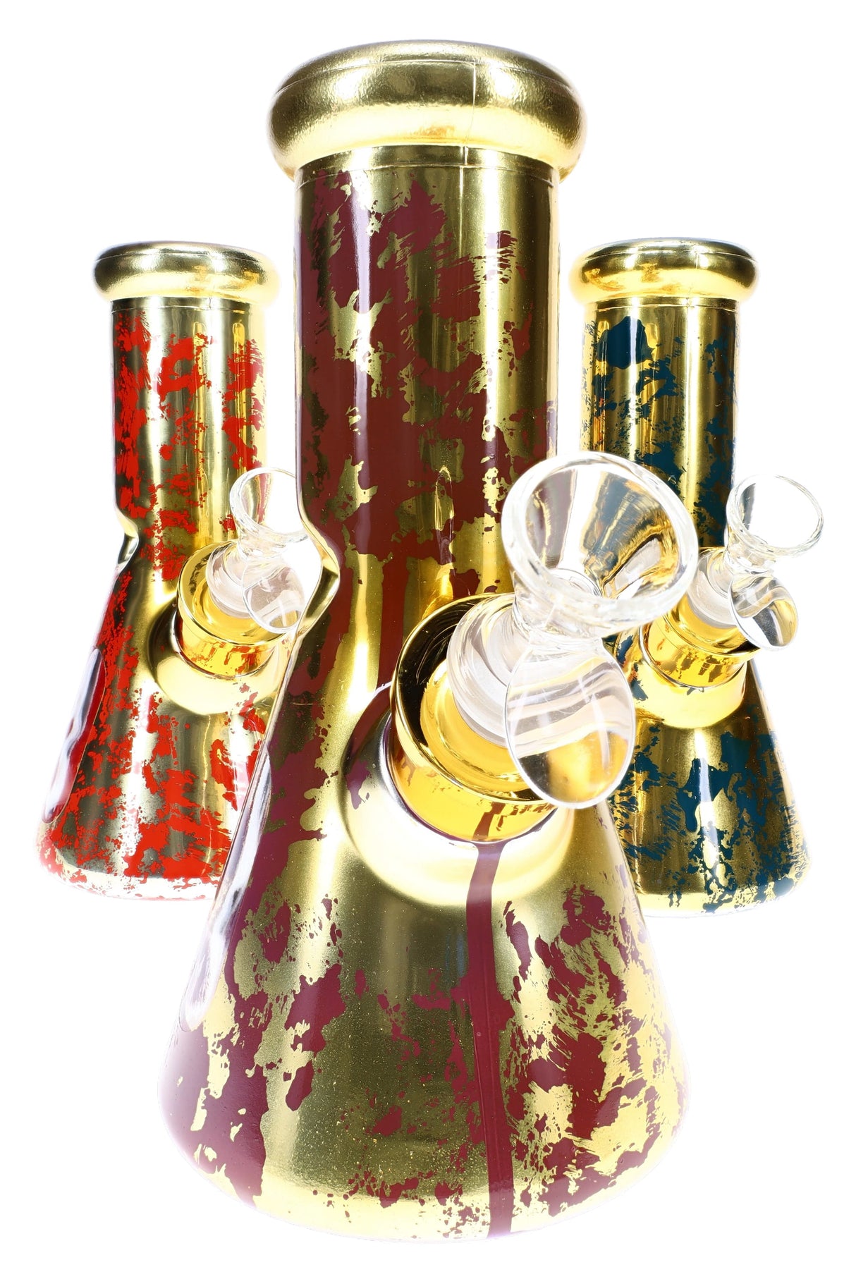 Assorted 8-inch glass beaker bongs in colorful design options including fade and splatter finishes, gift set collection view