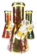 Assorted 8-inch glass beaker bongs in colorful design options including fade and splatter finishes, gift set collection view