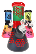 Honeycomb design 8-inch glass beaker bong with black accents and compact beaker shape, retail display view