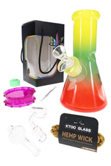 Boxed 8-inch glass beaker bong gift set with grinder, hemp wick, dab tool, silicone jar, bowl, and banger accessories