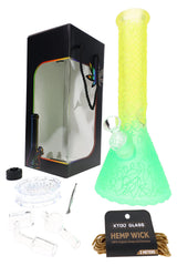 Boxed 12.5-inch glass beaker bong gift set with grinder, hemp wick, bowl, banger, bubble cap, tool, and silicone jar