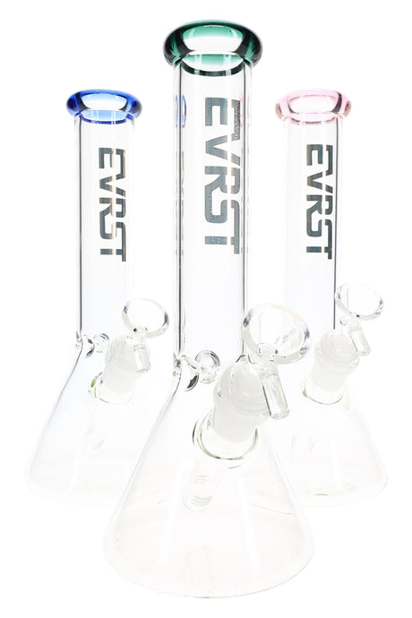 Assorted 10-inch EVRST glass beaker bongs with colored rims and ice pinch, compact dry herb pieces sold individually