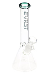 Clear 10-inch EVRST glass beaker bong with blue rim, ice pinch, and 14.5 mm male bowl for dry herb use
