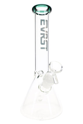 Clear 10-inch EVRST glass beaker bong with blue rim, ice pinch, and 14.5 mm male bowl for dry herb use