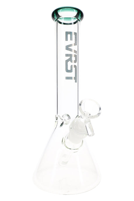 Clear 10-inch EVRST glass beaker bong with blue rim, ice pinch, and 14.5 mm male bowl for dry herb use
