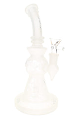 Frosted 9.5″ stemless beaker bong with curved mouthpiece, 14.5 mm glass-on-glass joint, and compact base