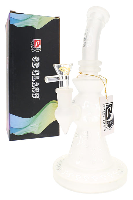 Alternate view of small frosted glass bong with 9.5″ stemless beaker shape and curved mouthpiece